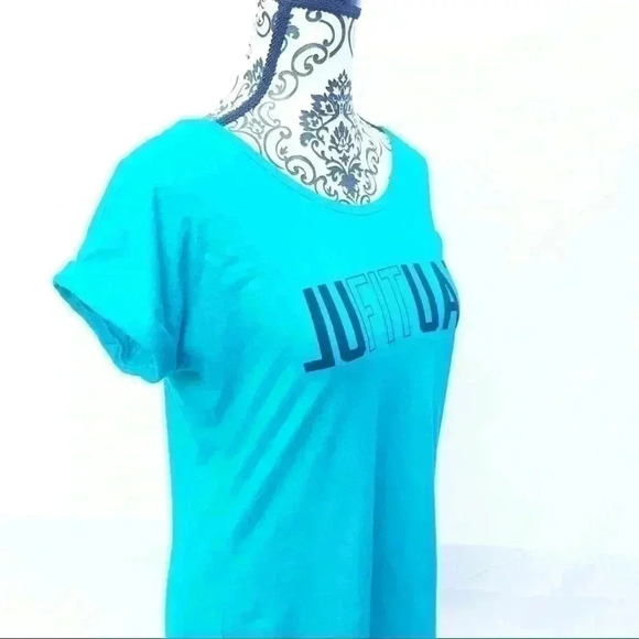 REEBOK Turquoise Scoop Neck “Beautiful” Open Criss Cross Back Athletic Tee (M) - Picture 4 of 8